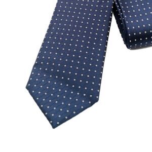 Monoprix Homme Silk Tie Mens 60” Woven Navy Gray Dot Classic Preppy Corpcore New
